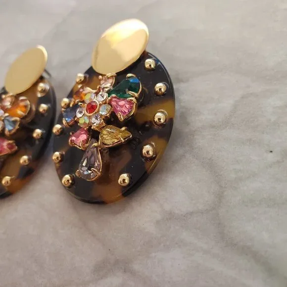 ✨ J.Crew Tortoise Shell Rhinesontes Crystsals Cluster Statement Earrings ✨ - Picture 5 of 13